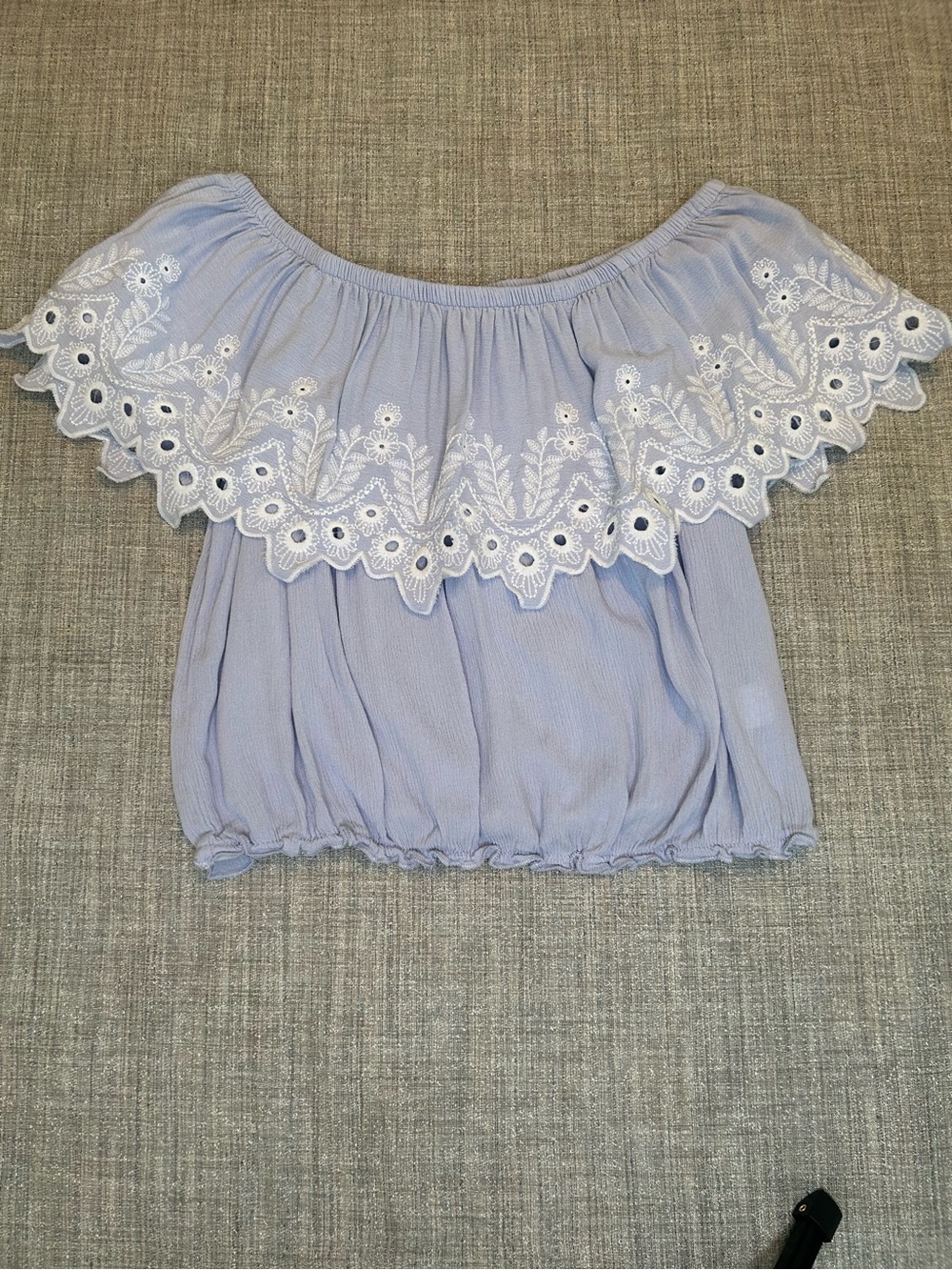Belle Du Jour Light Blue Off-Shoulder Eyelet Crop Top
